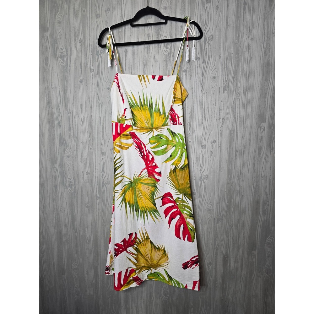 House of Harlow 1960 Tropical Palm Leaf Print Linen Midi Dress White M